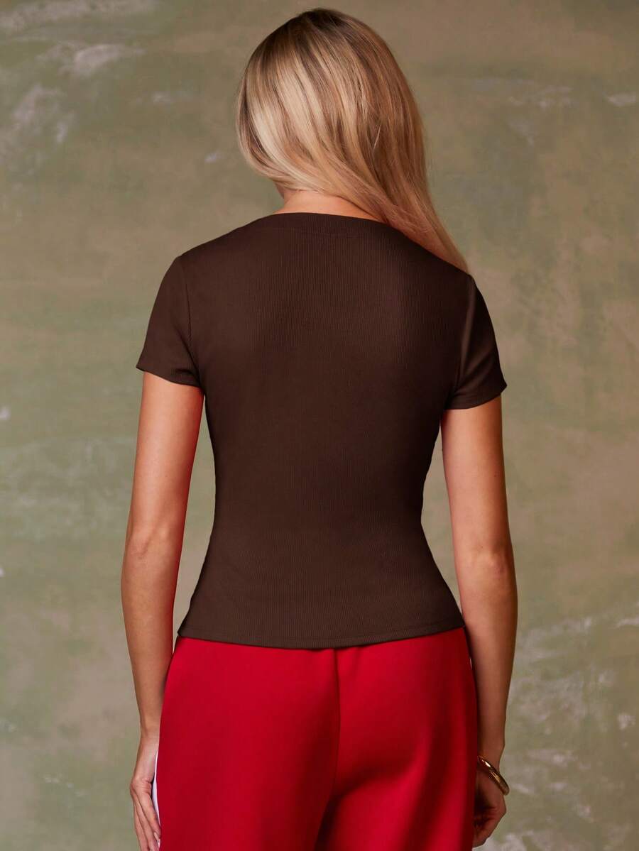 Women's Casual Red Single-Breasted Short Sleeve Fitted Top,Red Top,Christmas, Cute Vacation,Resort Wear,Summer Holiday,Spring,Spring Break,Beach
