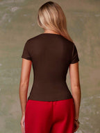 Women's Casual Red Single-Breasted Short Sleeve Fitted Top,Red Top,Christmas, Cute Vacation,Resort Wear,Summer Holiday,Spring,Spring Break,Beach