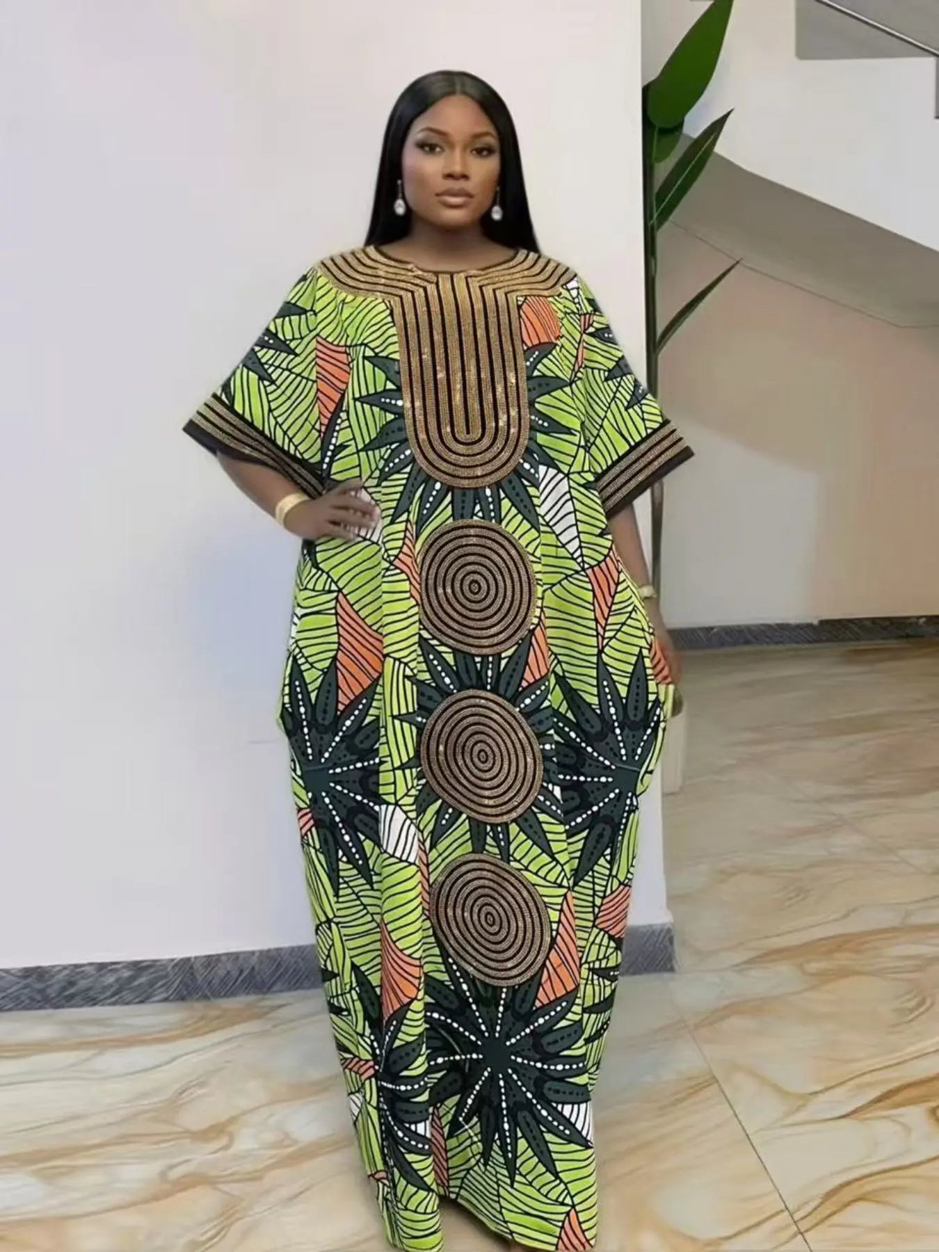 New high-end party rhinestone loose large-size casual traditional ethnic boubou kaftan women's dress Style, elegant and classy, plus-size party, holiday, daily wear, women's beach vacation summer dress with scarf and pockets 2026 Print