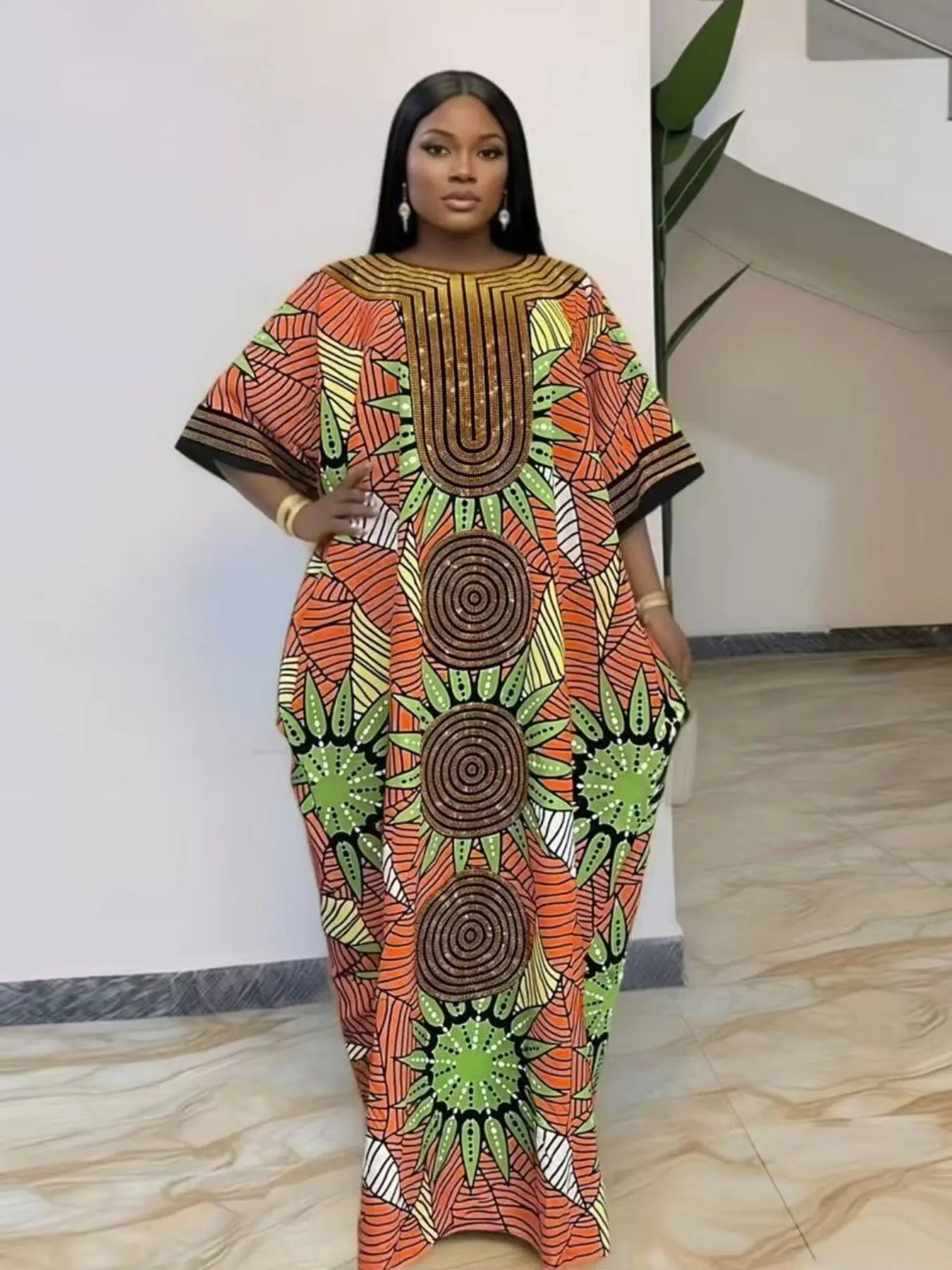 New high-end party rhinestone loose large-size casual traditional ethnic boubou kaftan women's dress Style, elegant and classy, plus-size party, holiday, daily wear, women's beach vacation summer dress with scarf and pockets 2026 Print
