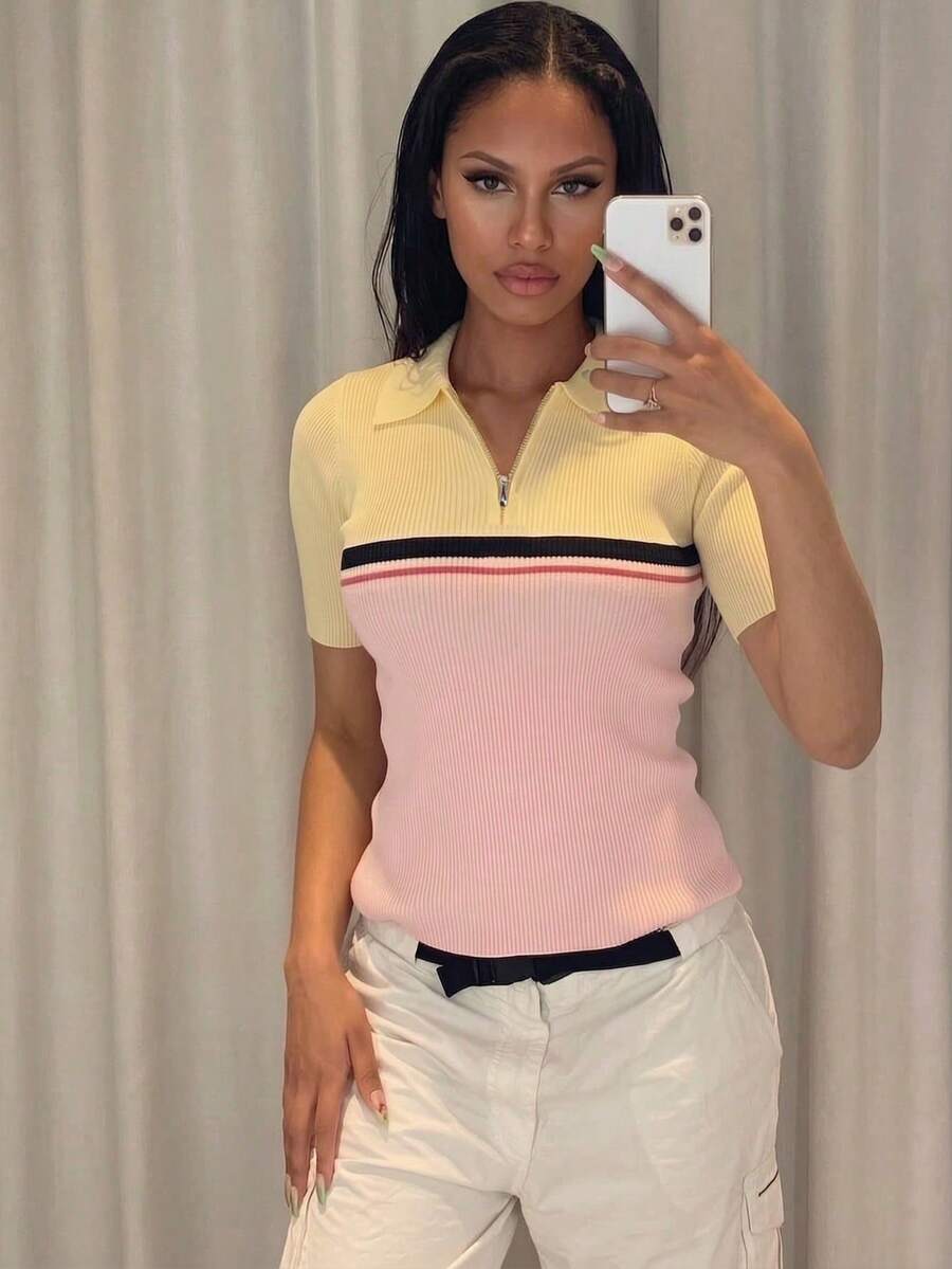Spring/Summer Y2K Coffee & White Colorblock Polo Collar Short Sleeve Knit Top, Ribbed Vintage Soft Casual, Suitable For Daily And Party Wear