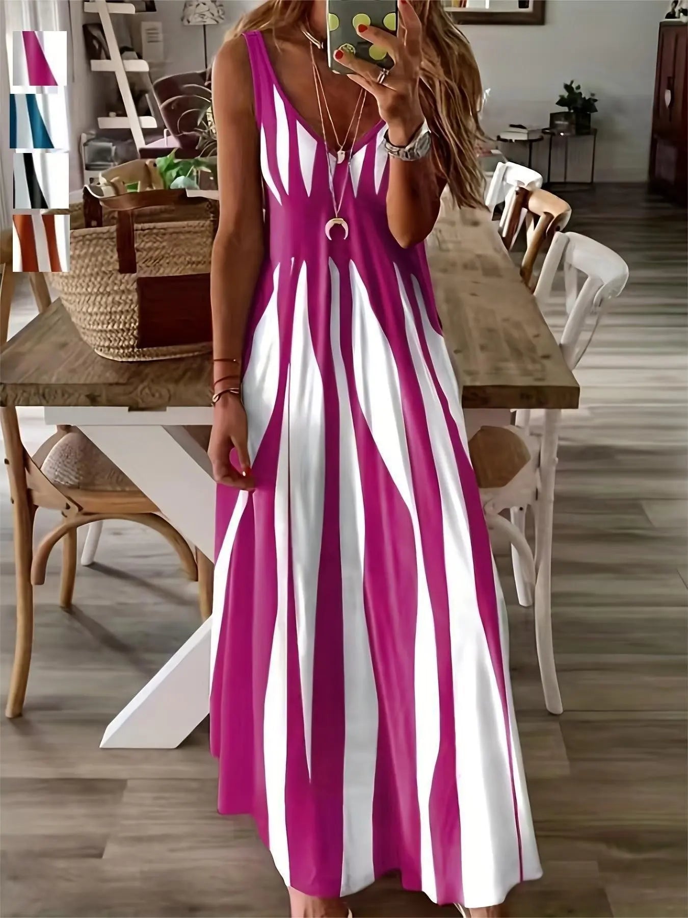 Summer New Arrival Women's Casual Sleeveless Striped V-Neck Long Dress, Sweet Style Elegance Loose-Fitting Daily Wear, Perfect for Outdoor Activities