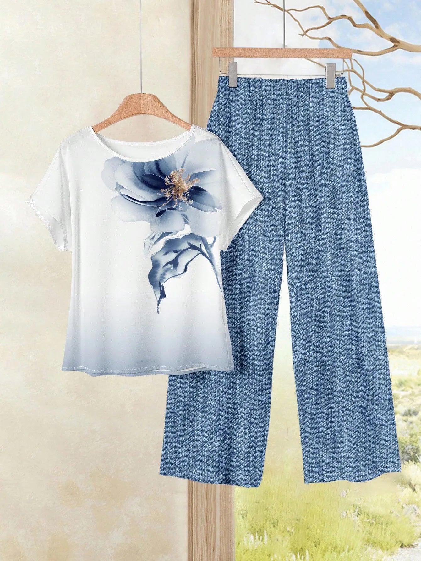 Women's Navy Blue Floral Summer Boho Casual Vacation Holiday 2 Pieces Outfits Plants-Pattern Pants And Round Neck Batwing Sleeve Blouse Woven Set