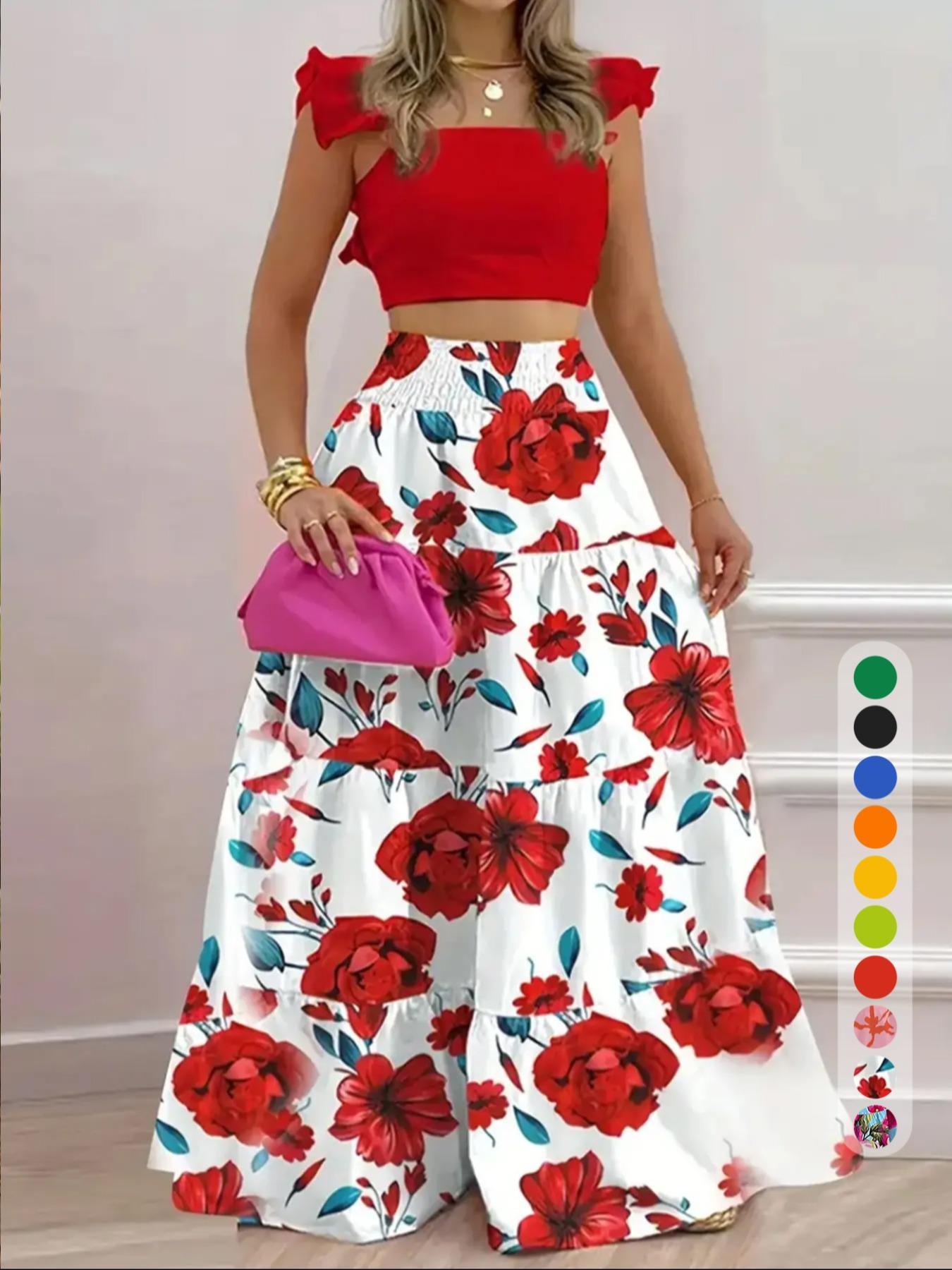 Women's Solid Color / Floral Print Shirred Top & Long Skirt Two-piece Set, Boho Fashion Casual Top & Skirt for Daily Holiday Vacation Wear, Ladies for Summer