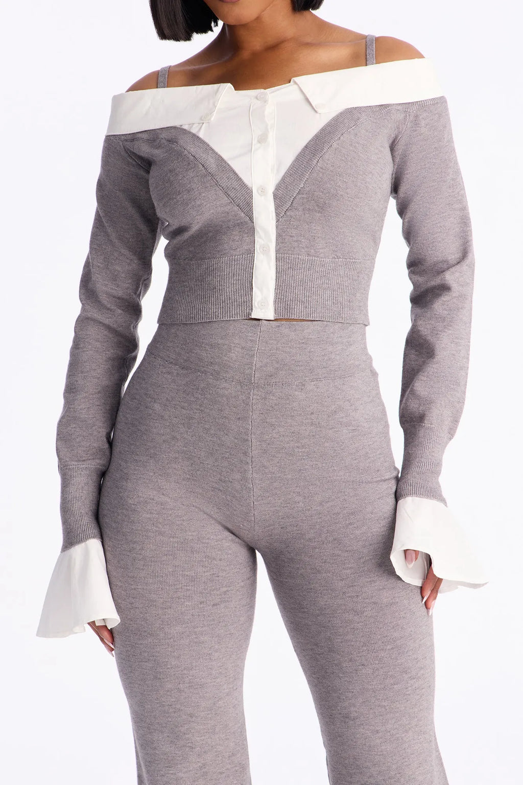 Katherine Sweater Off Shoulder Pant Set - Grey