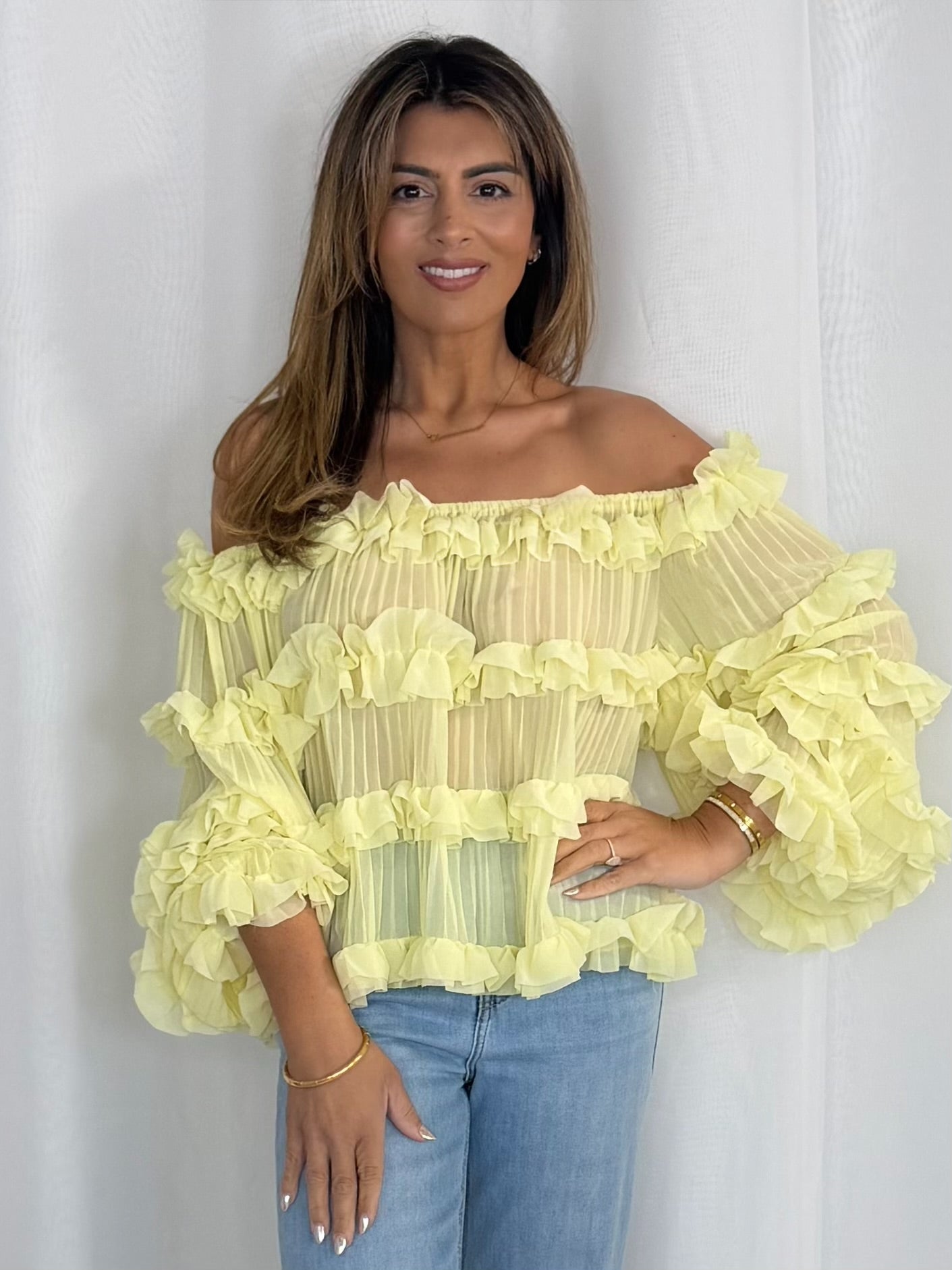 Pleated Frill Round Neck Top (4 Colours)