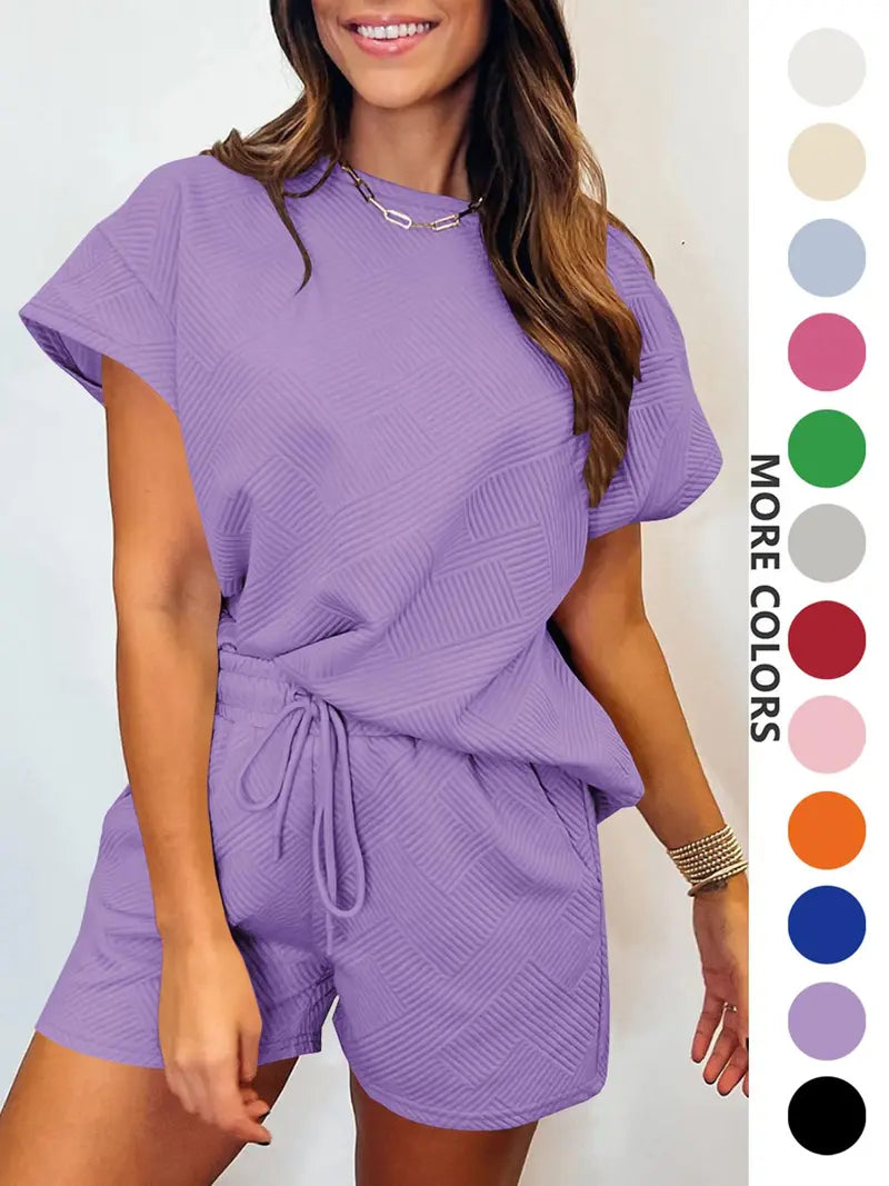 Two-Piece Set Women's Solid Soft Textured Knit Batwing Sleeve T-shirt & Drawstring Waist Shorts Set, Casual Style Round Neck Short Sleeve Top & Pocket Design Shorts for Summer, Ladies Clothes for Everyday Wear, Womenswear, Fit