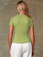 Women's Casual Red Single-Breasted Short Sleeve Fitted Top,Red Top,Christmas, Cute Vacation,Resort Wear,Summer Holiday,Spring,Spring Break,Beach
