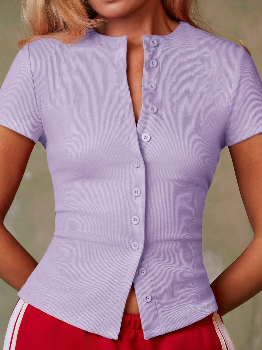Women's Casual Red Single-Breasted Short Sleeve Fitted Top,Red Top,Christmas, Cute Vacation,Resort Wear,Summer Holiday,Spring,Spring Break,Beach