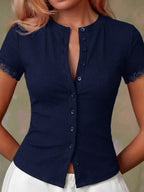 Women's Casual Red Single-Breasted Short Sleeve Fitted Top,Red Top,Christmas, Cute Vacation,Resort Wear,Summer Holiday,Spring,Spring Break,Beach