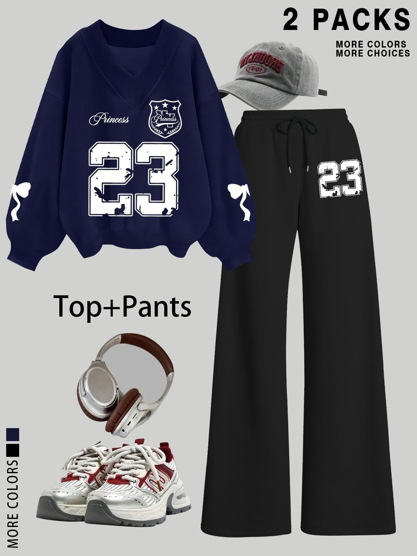 Women's V Neck Sweater Pants Set, Fashionable Digital Bowknot Print, Straight Leg Elastic Waist, Casual Long Sleeve Pullover
