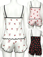 Cherry Print Halter Short Pajamas, Ruffle Trim Design, Sweet Girl Style, Breathable Home Sleepwear, 3-Piece Set