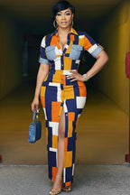 Turndown Collar Short Sleeve Colorblock Maxi Dresses-Multicolor
