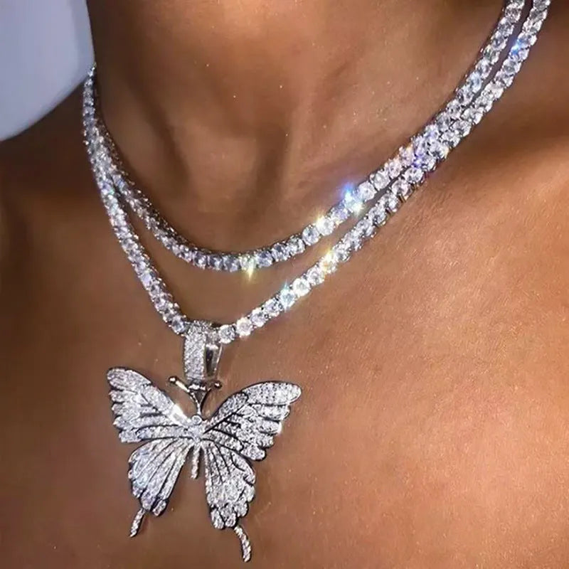 Layered Rhinestone Butterfly Pendant Necklaces Jewelry