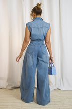 Sleeveless Button Down Pocket Cinch Waist Denim Flare Leg Jumpsuit-Blue