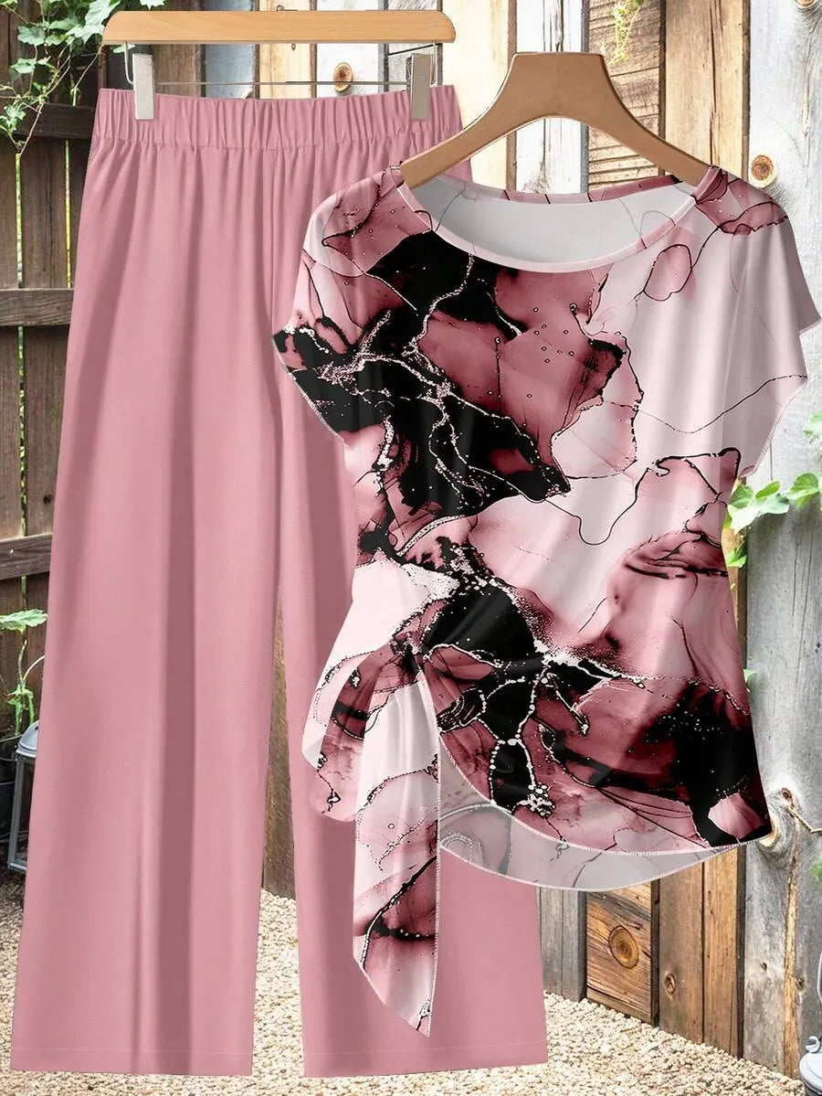 Women's Aqua Blue Summer Casual Vacation Holiday 2 Pieces Set,Abstract Floral Pattern Shirt With Tie Bow & Loose Straight Leg Pants,Vintage Style