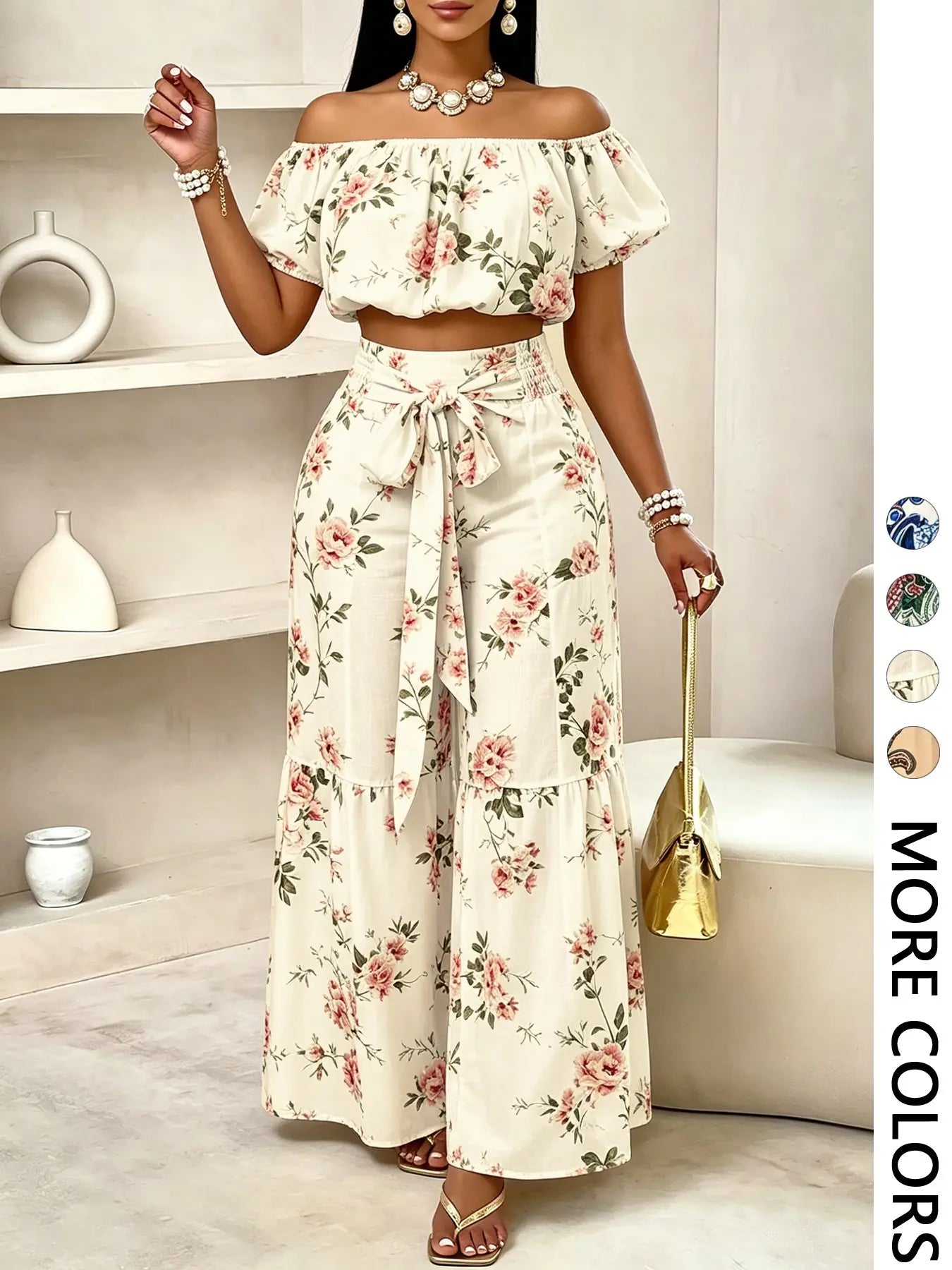Women's Summer Paisley Print Vintage Vacation Two-Piece Set, Off-Shoulder Bubble Sleeve Crop Top + High Waist Drawstring Wide Leg Pants