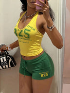 StreetHx Women 2-Piece Set:Yellow Vest Top,Blue Shorts.HypeZone-D Spaghetti Strap Camisole,Letter Print,Slim Fit For Gym,Summer,Y2k,Sports,Beach Outfits