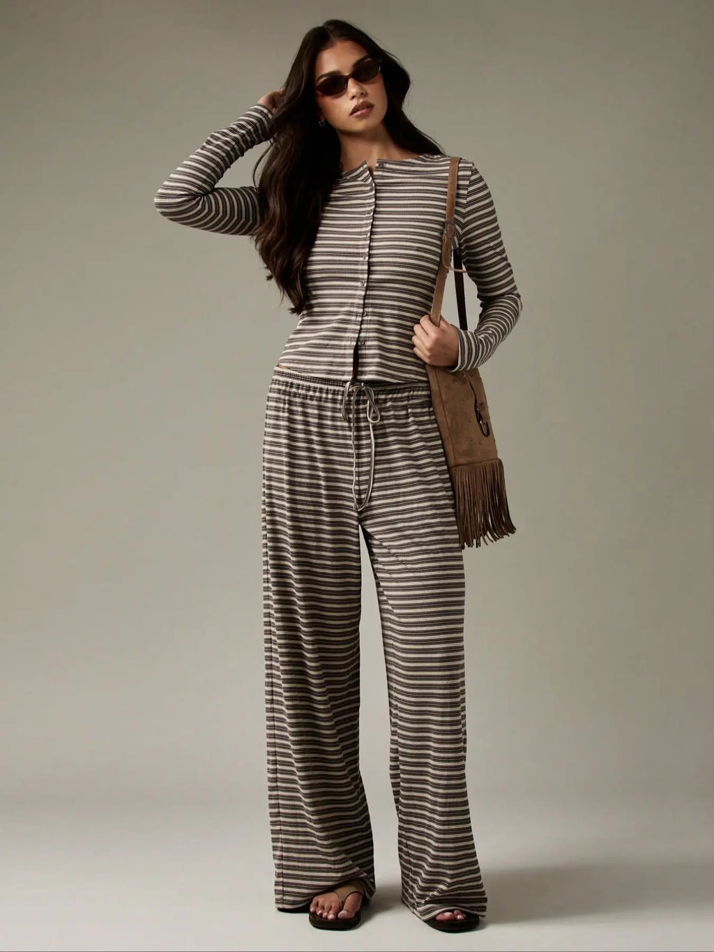 Women's 2-Piece Wide Leg Pants and Long Sleeve Striped Set, Casual Spring & Fall Knit Cardigan, Perfect for Comfort and Fashion
