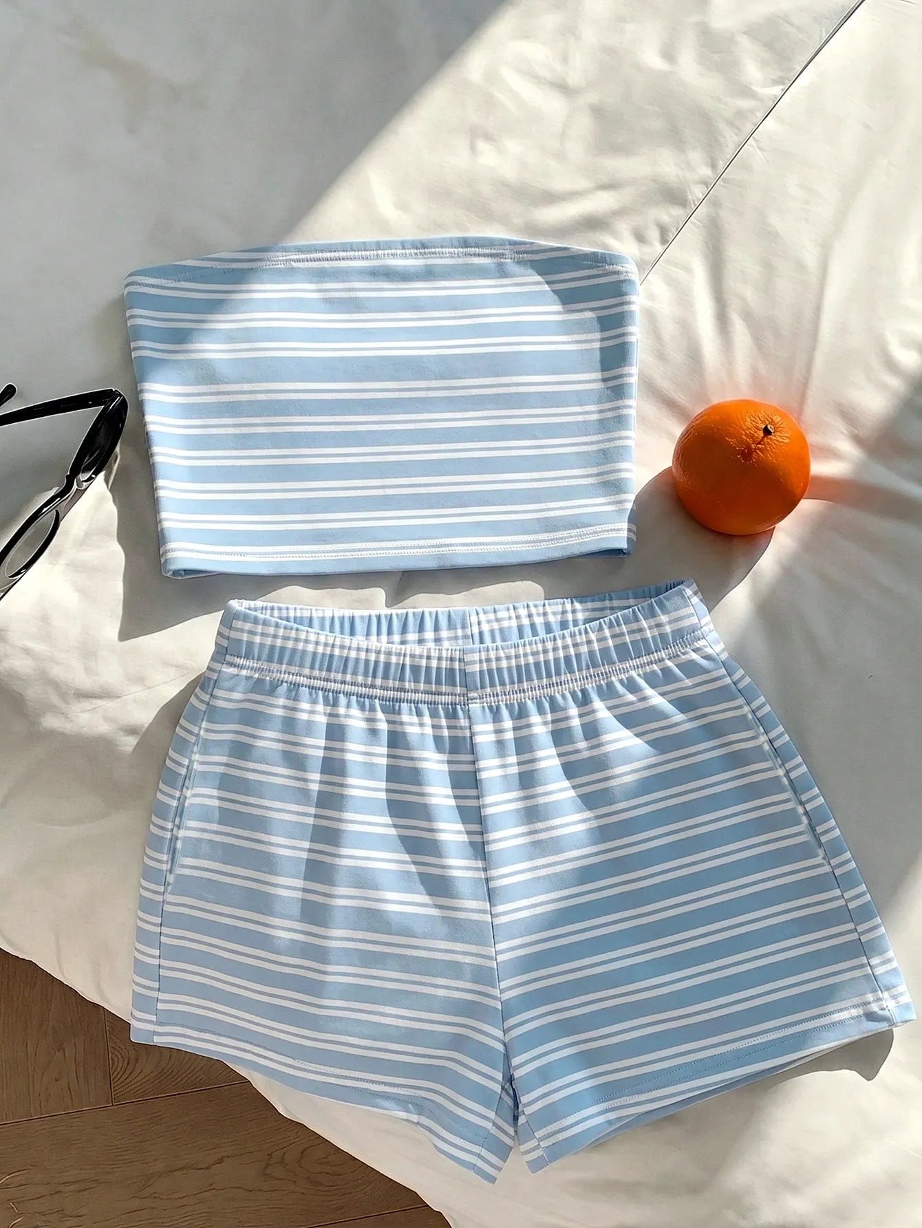 Comfortcana Women Summer Outfit,Pink And White Striped Tube Top & Shorts 2-Piece Set,Cute Casual Minimalist Everyday Versatile Resort Beach Outfit For Ladies