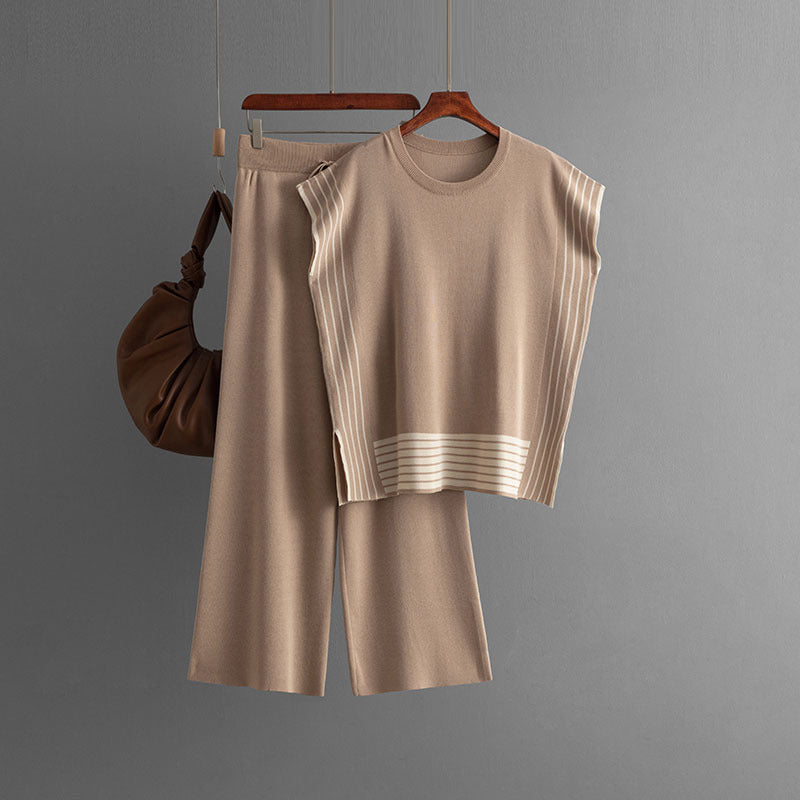 Stylish Striped Patchwork Solid Color Sleeveless Top & High Waist Pants Two-Piece Set
