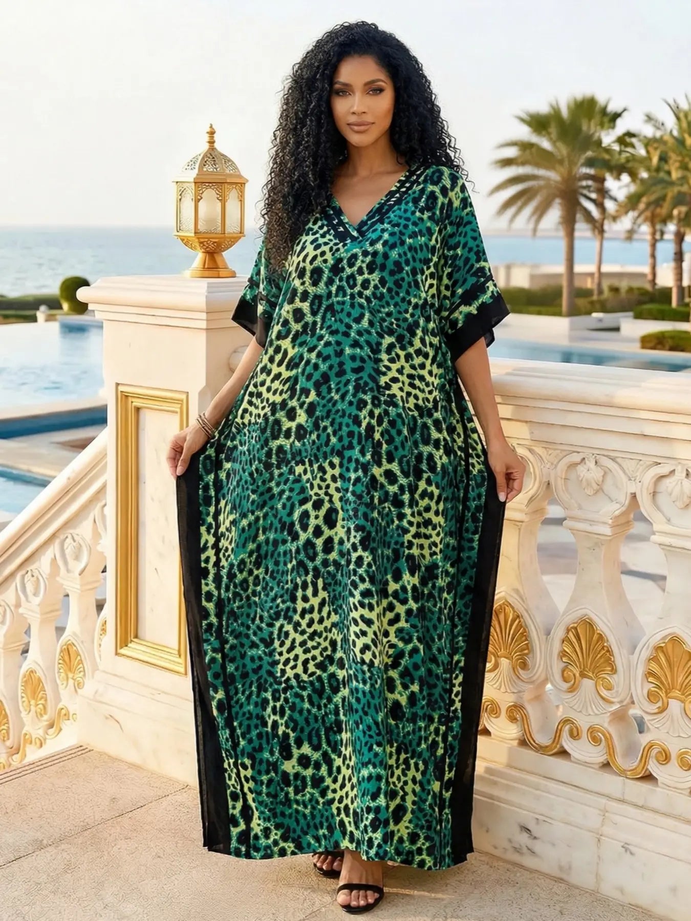 EDOLYNSA Leopard kaftans for woman caftan beach printing Moo Moo Dress casual cover up Bohemian daily wear Soft Homewear vacation party long dress lounge wear Q1615