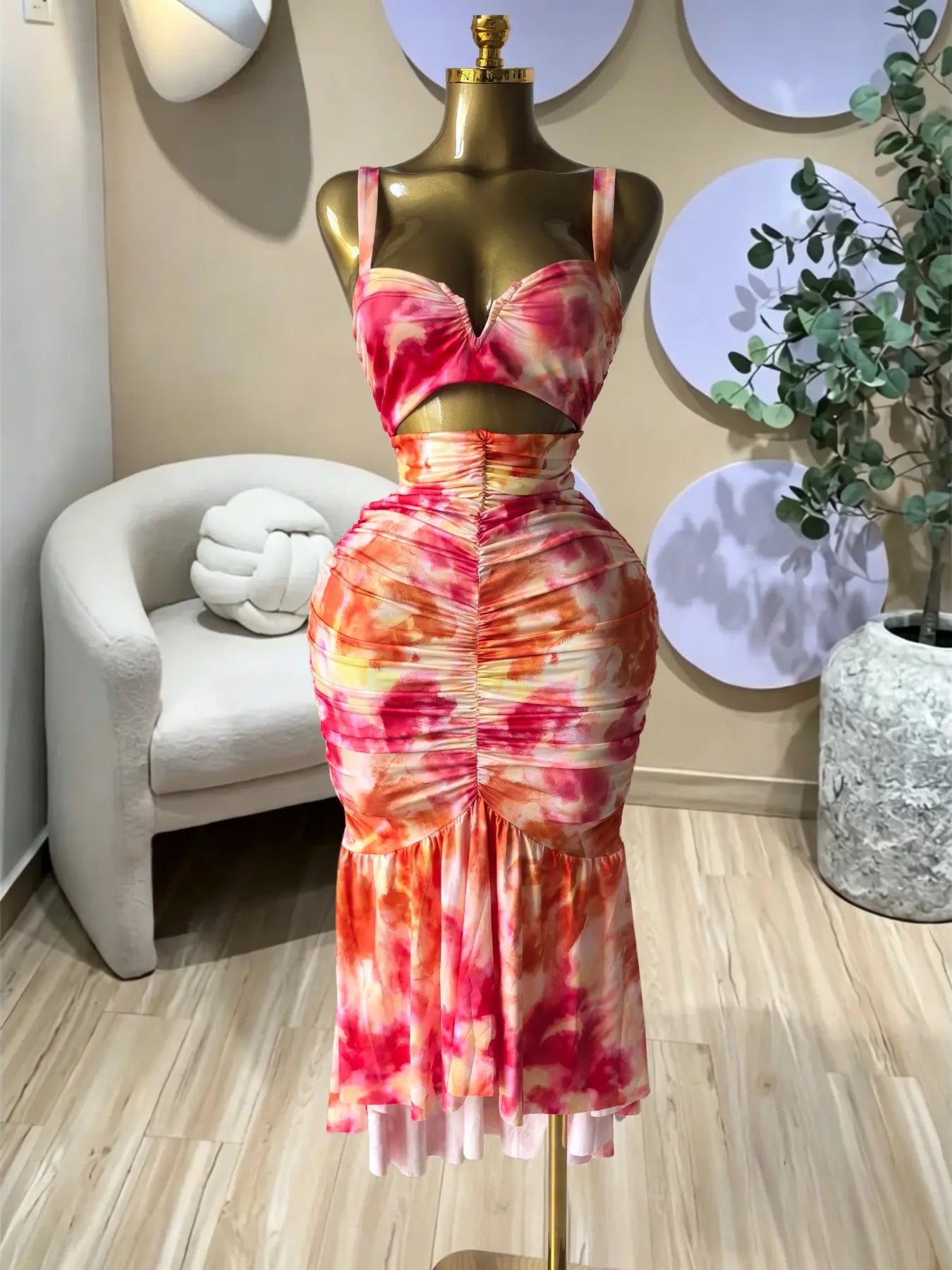 Elegant Women's Tropical Floral Print Cut Out Ruched MIdi Prom Dress, Summer Birthday Party Outfit Club Cocktail Gown, Lady Casual Skirt,Female Brunch Dresses,Graduation Dresses