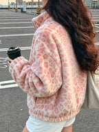 Thick Plush Leopard Print Fashion Retro Casual Long Sleeve Zipper Cardigan, High Neck Jacket, Unisex, Couples Wear, Winter Essential