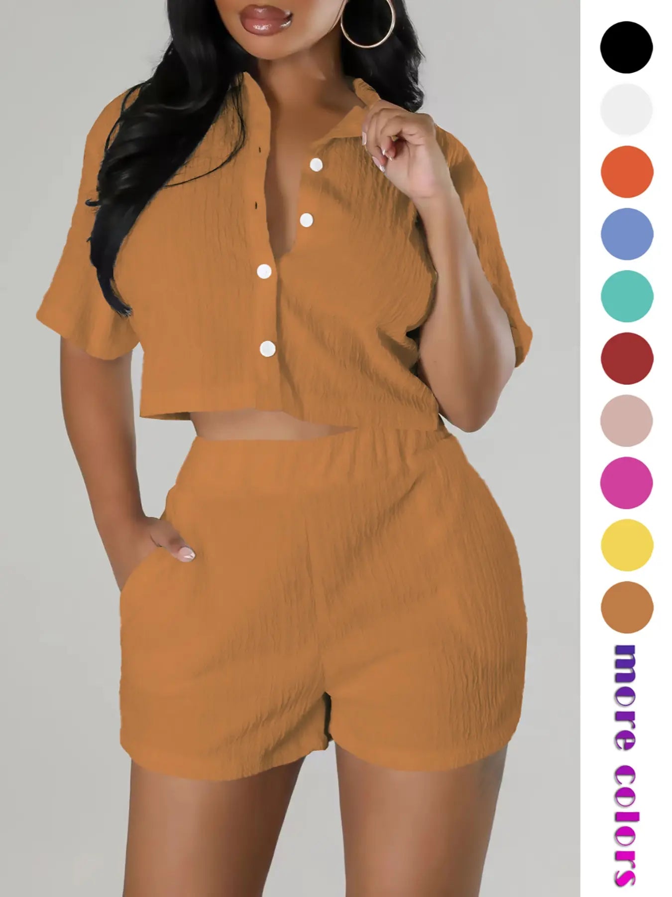 Two-piece Set Women's Textured Button Front Shirt & Elastic Waist Shorts Set, Chic Versatile Short Sleeve Collared Top & Pocket Design Shorts, Casual Style Two-piece Outfits for Women, Womenswear, Matching Clothing Set