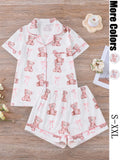 Women's Bear Print Knit Short Sleeve Top & Elastic Waist Shorts Pajama Set