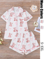 Women's Bear Print Knit Short Sleeve Top & Elastic Waist Shorts Pajama Set