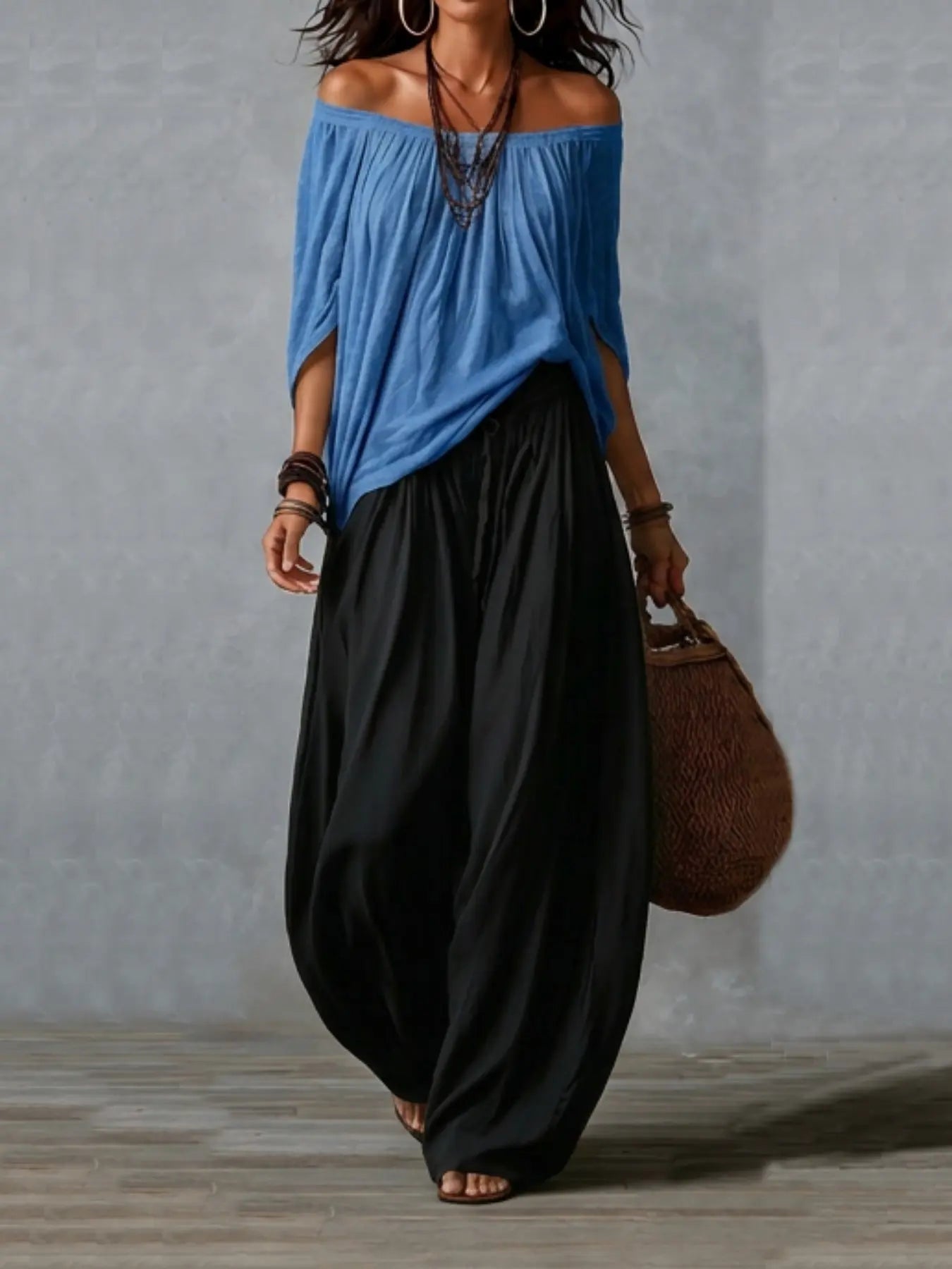 2026 New Women Two Piece Matching Set, Oversized Long off Shoulder Blouse, Elastic Cuff Lantern Pants, Casual Vacation Streetwear