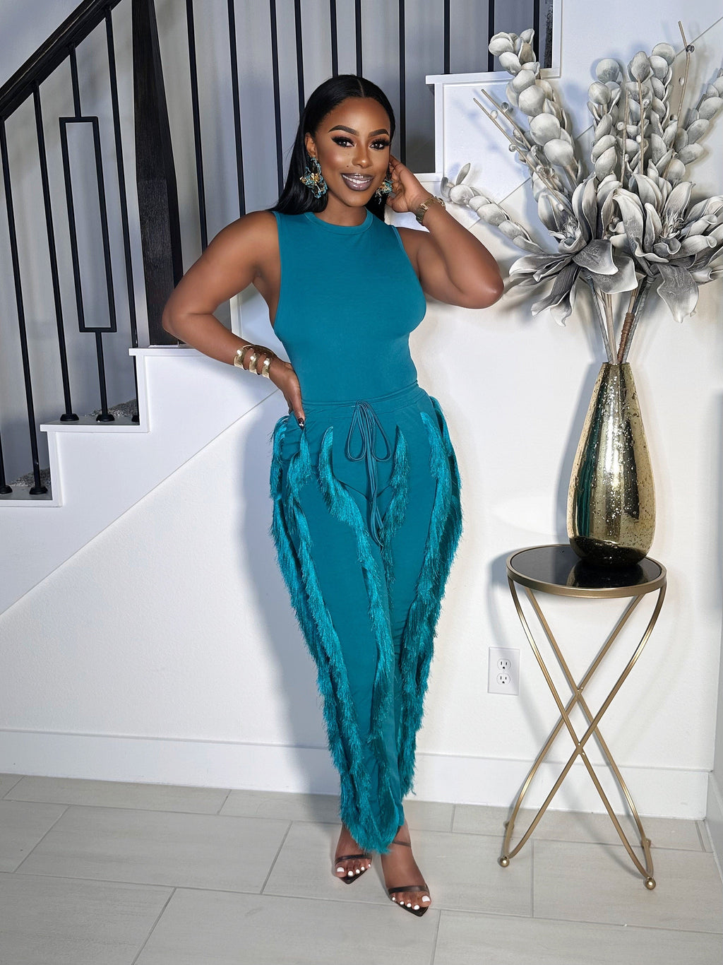 PARTY NEXT DOOR FRINGE PANTS SET (TEAL)