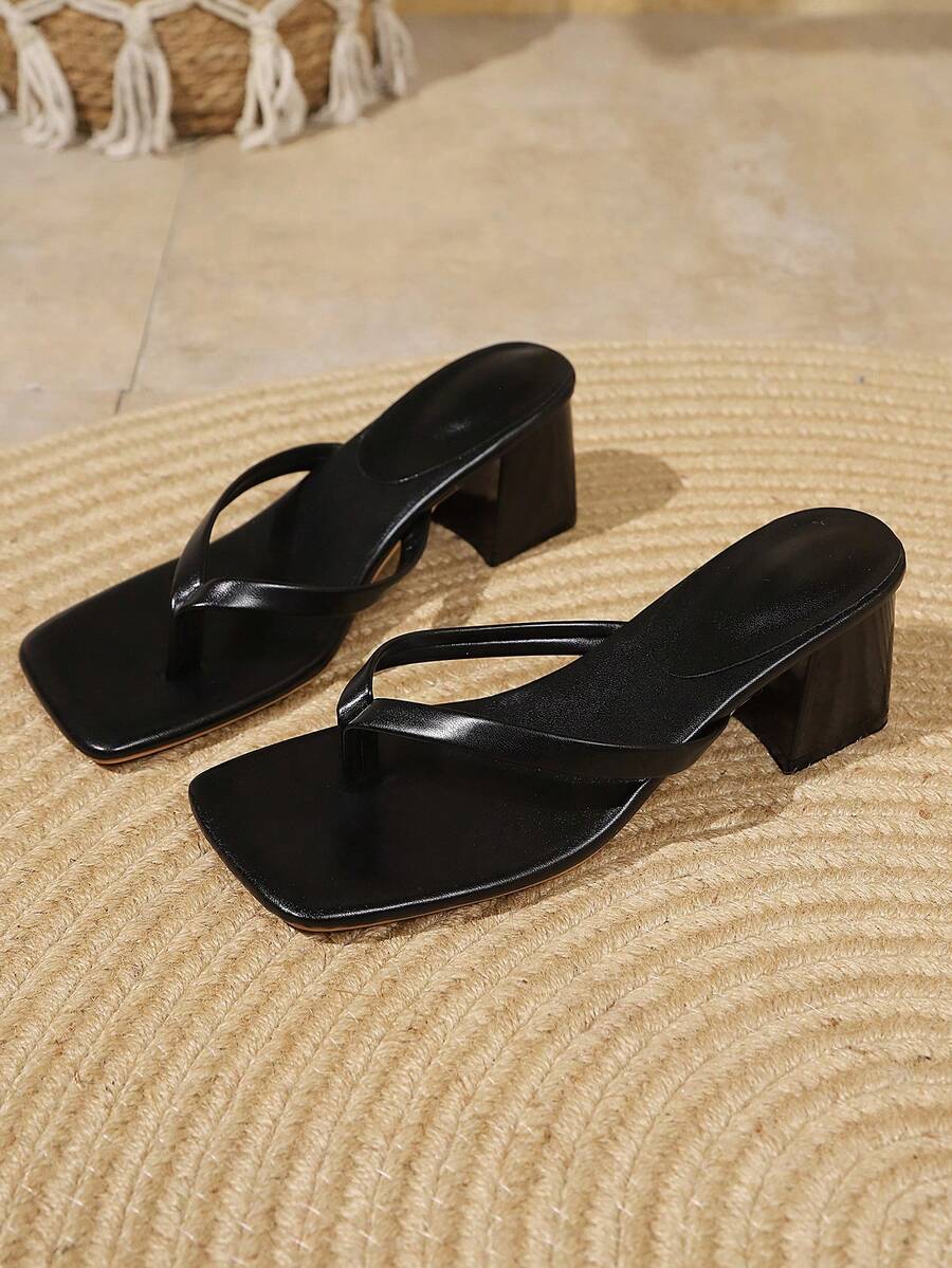 Square Toe Wide Foot Thong Sandals With Thin Heel, Versatile Outdoor Wear Thin Heel Thong Flip Flops For Women, Chic & Elegant