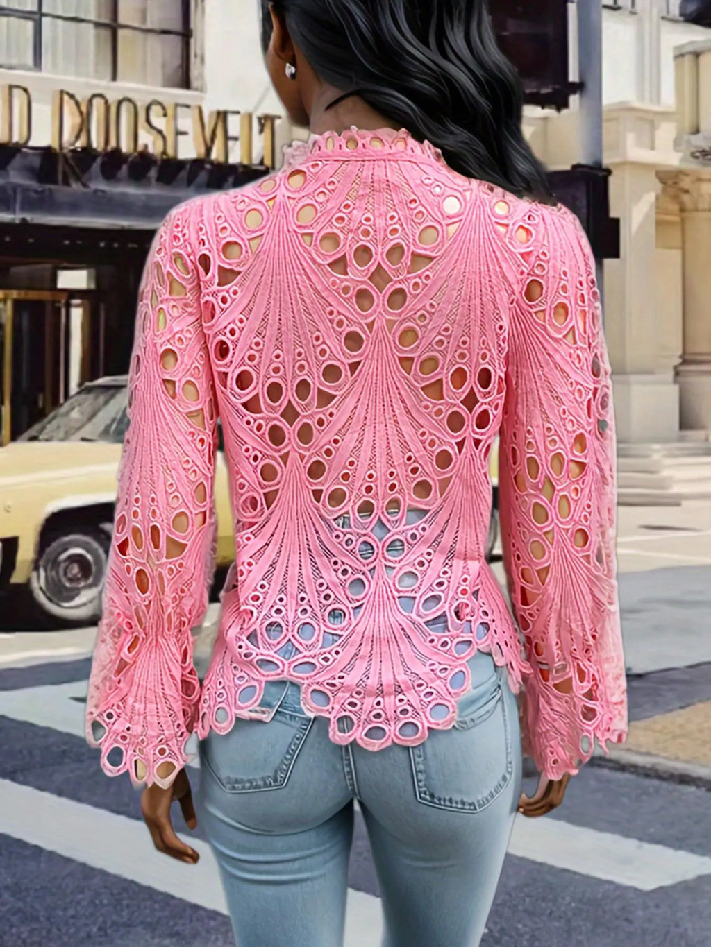 2026 Spring Summer New Women's Blouse, Sexy Asymmetrical Hollow Out Bell Sleeve, Breathable Lightweight Fabric Nightclub Top, Casual Fitted Long Sleeve Shirt, Button Blouse Shirts