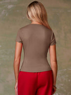 Women's Casual Red Single-Breasted Short Sleeve Fitted Top,Red Top,Christmas, Cute Vacation,Resort Wear,Summer Holiday,Spring,Spring Break,Beach
