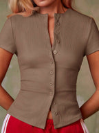 Women's Casual Red Single-Breasted Short Sleeve Fitted Top,Red Top,Christmas, Cute Vacation,Resort Wear,Summer Holiday,Spring,Spring Break,Beach
