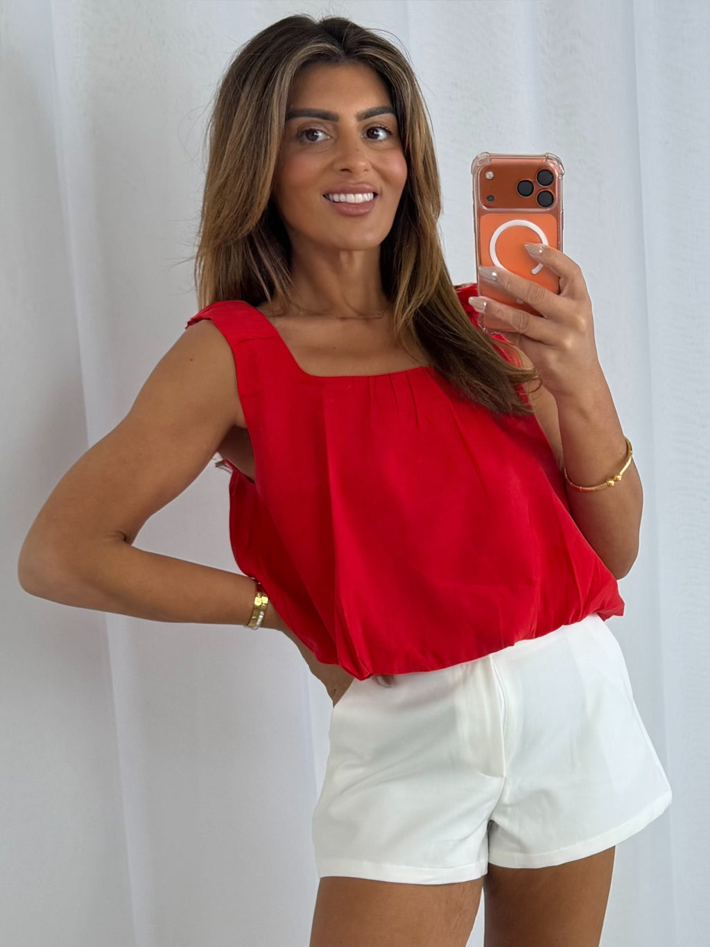 Red Square Neck Balloon Style Top