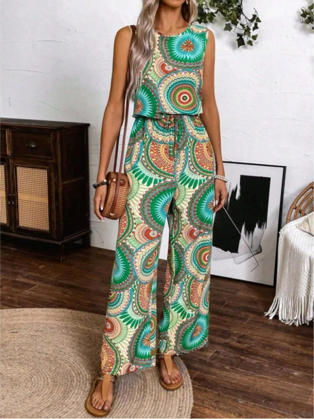 Women's Bohemian Style Sleeveless Jumpsuit, All over Print, Fitted, Casual, Round Neck, Wide Leg, Elastic Waist, Party & Vacation, Boho