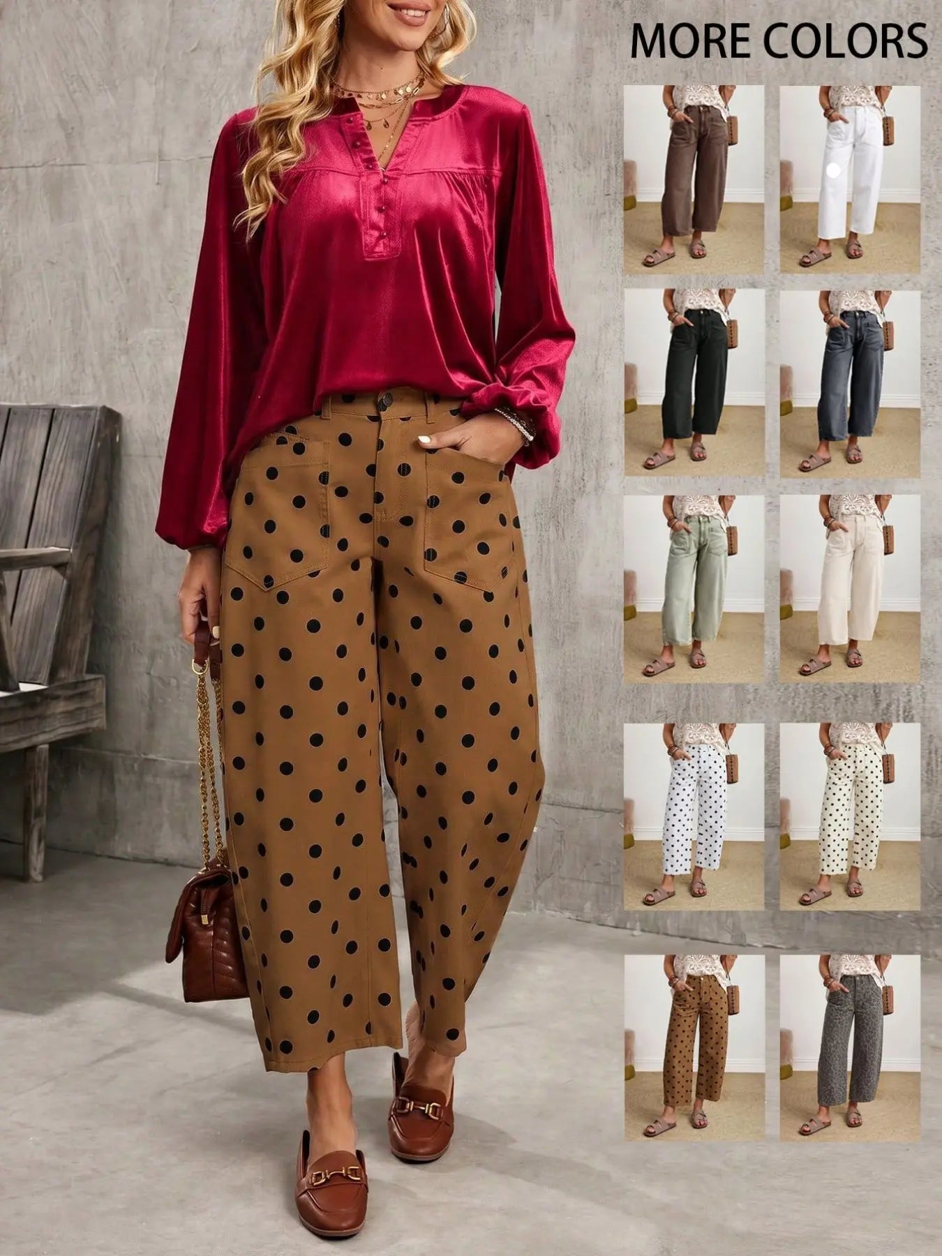 Coffee Color Patch Pocket Lantern Jeans, Casual Comfy Jeans, High Waist Loose Fit Retro Vacation Style Casual Pants