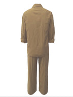 Women's Solid Color Long Sleeve Shirt & Wide Leg Pants Set