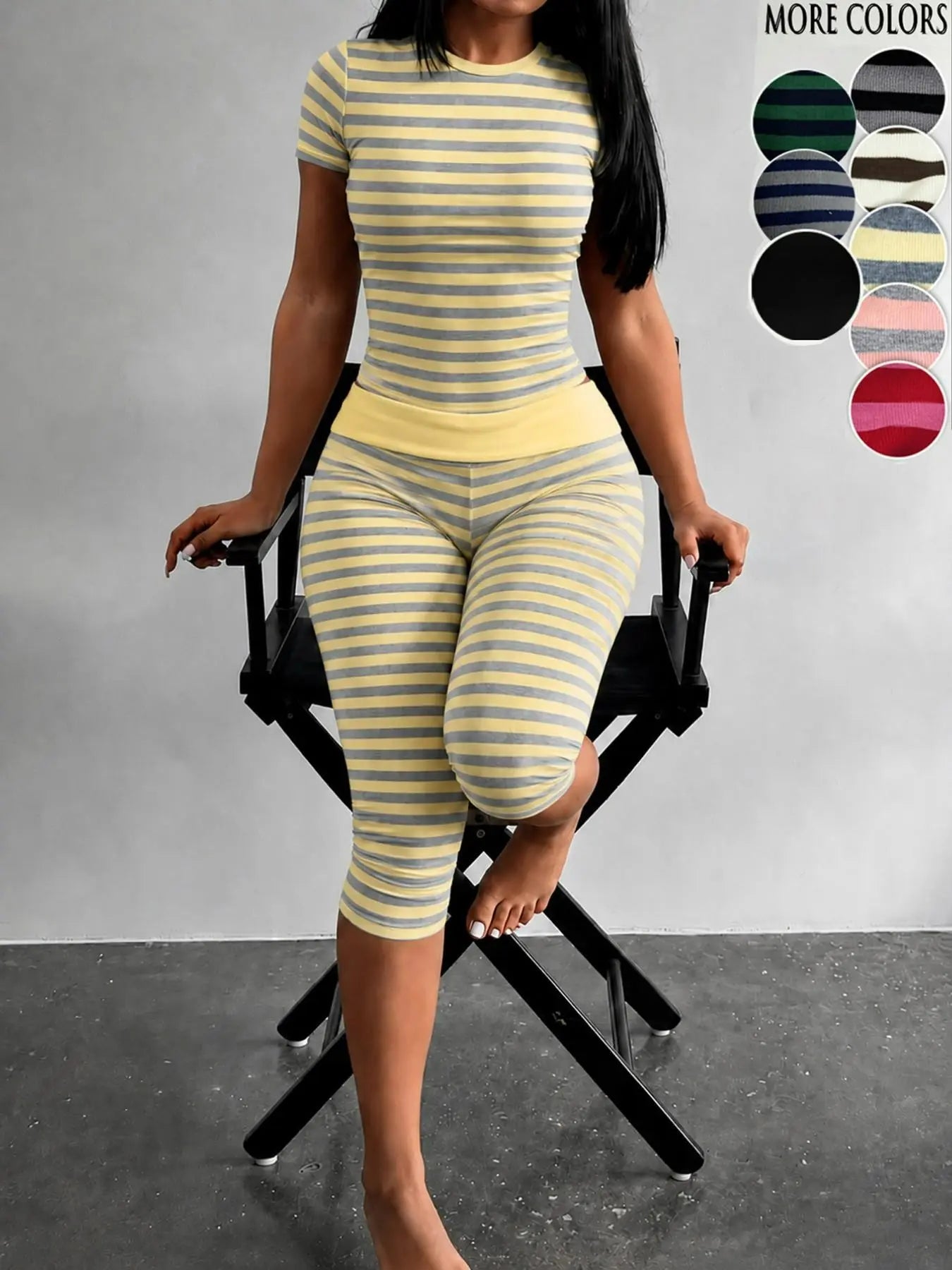 Yellow Grey Striped Two Piece Loungewear Set Crew Neck Short Sleeve Slim Crop Top High Waist Capri Leggings Stretch Fitted Matching Outfit ideal for home relaxation gym training grocery runs and casual everyday all season comfy outfits