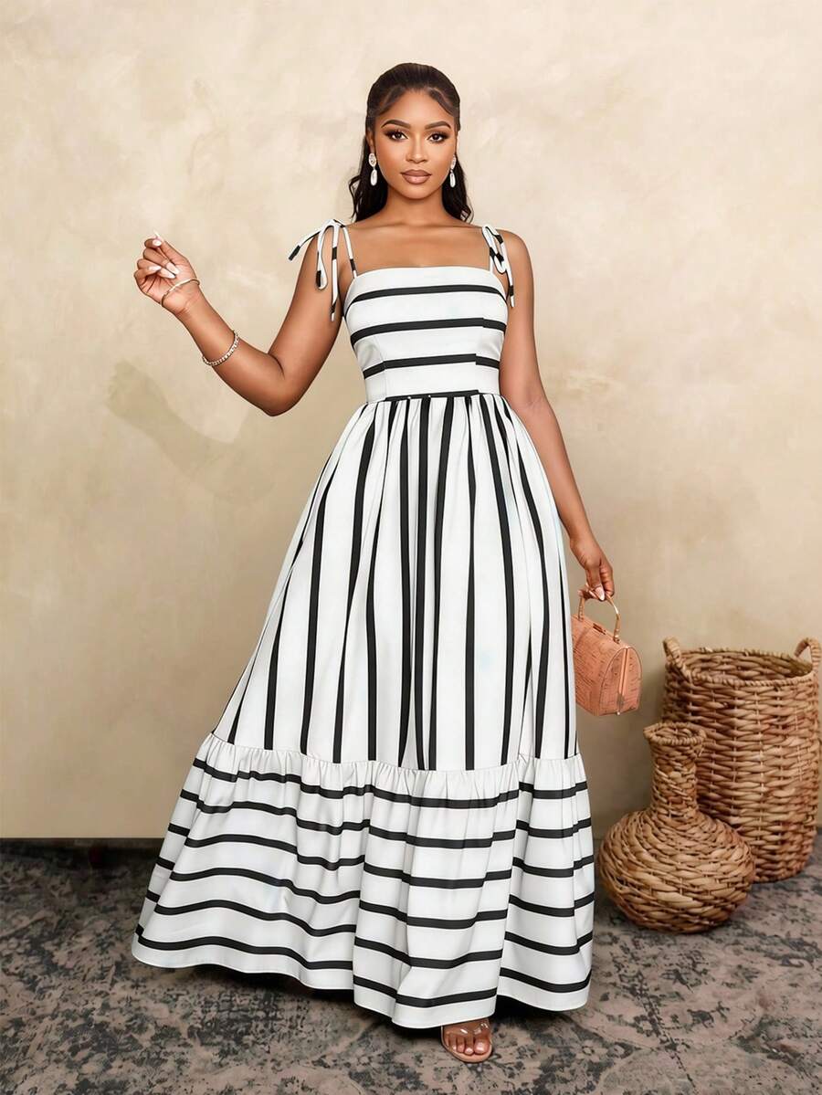 Women's Blue And White Stripe Flowing Maxi Dress,Summer Elegant Holiday Tea Party Holiday,Shoulder Straps Chest Gathering,Beach Casual Gown