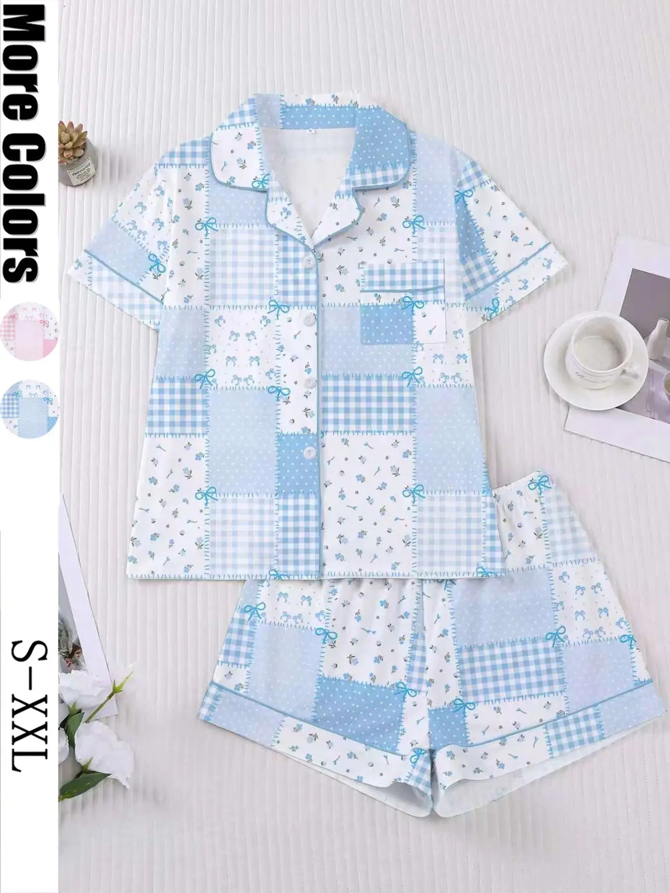 Women's Plaid Floral Bow Print Short Sleeve Shorts Fitted Pajama Set