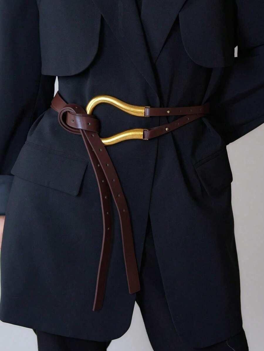 Women's Versatile Wide Waist Belt With Large Horseshoe Buckle Decor, Leather Belt For Skirts