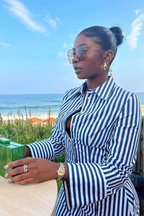 Striped Print Long Sleeve Button Up Blouse Slim Fit Mini Dresses-Blue