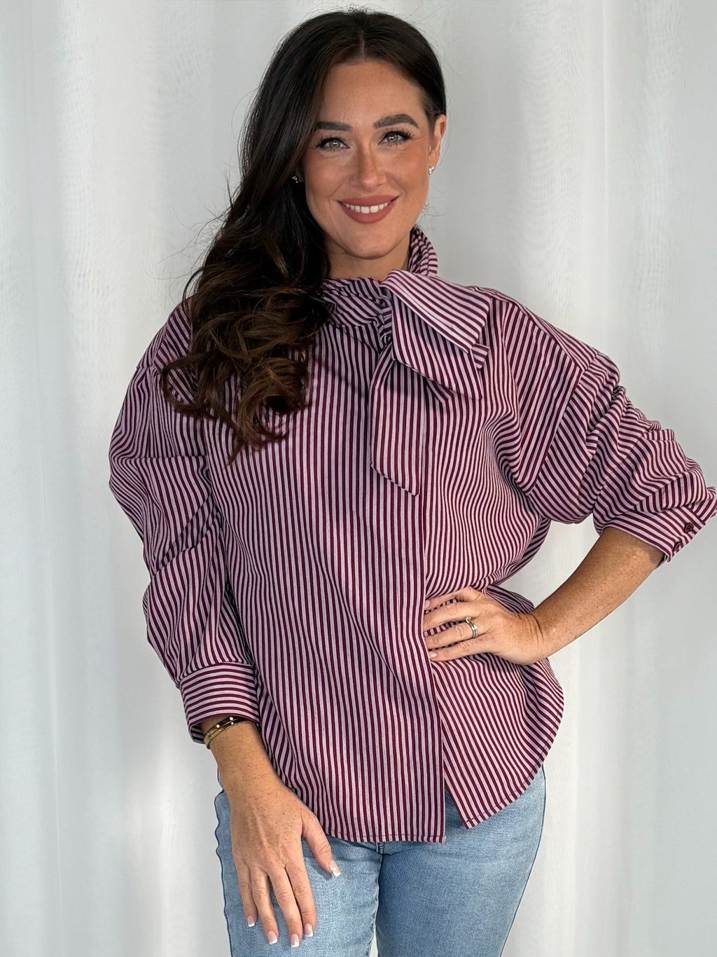 Pinstripe Tie Neck Shirt (3 Colours)