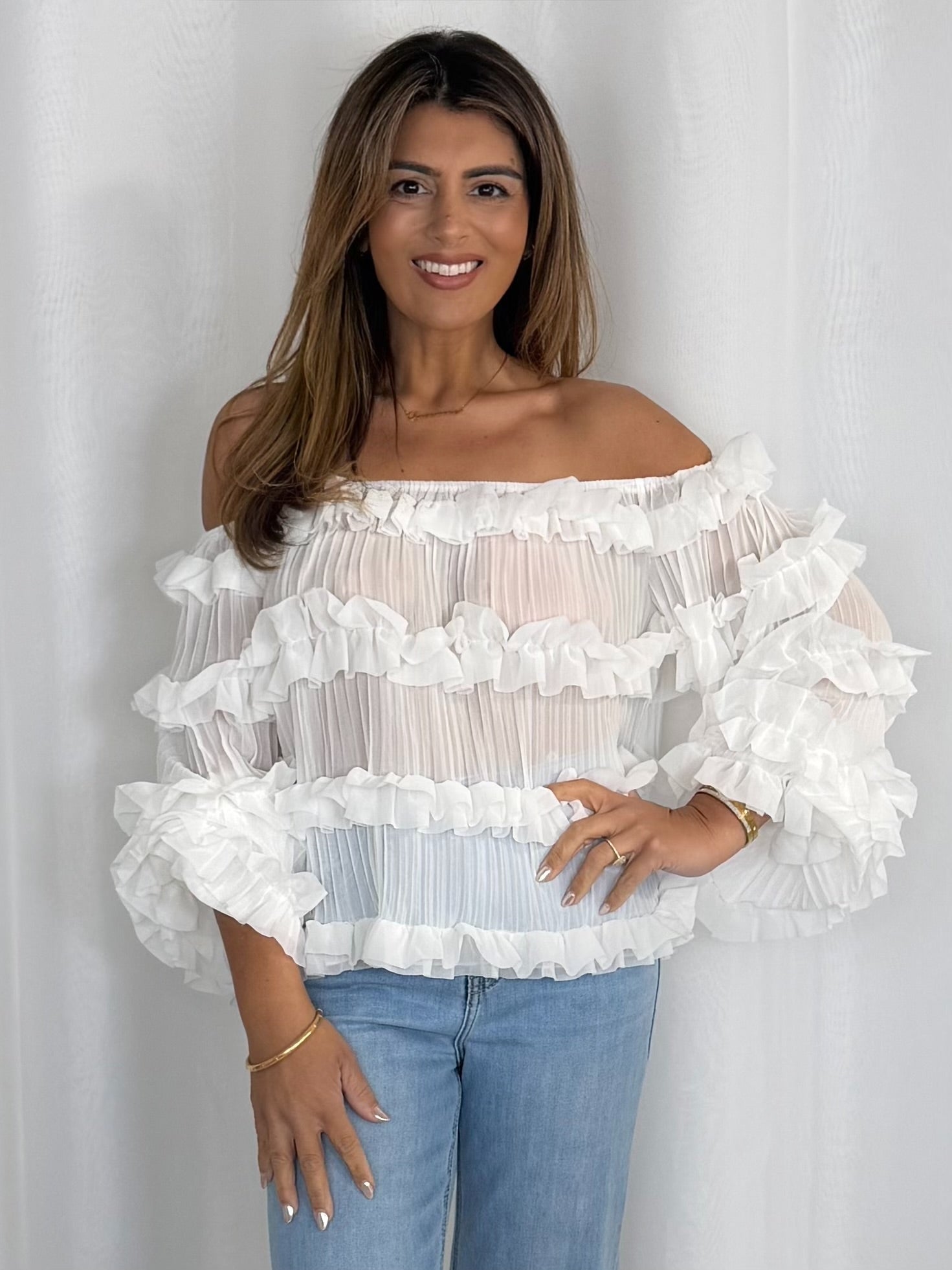 Pleated Frill Round Neck Top (4 Colours)