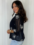 Knitted Flower Detail Pearl Button Shirt (2 Colours)