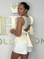 Crochet Detail Smocked Middle Peplum Double Bow Back Top (3 Colours)